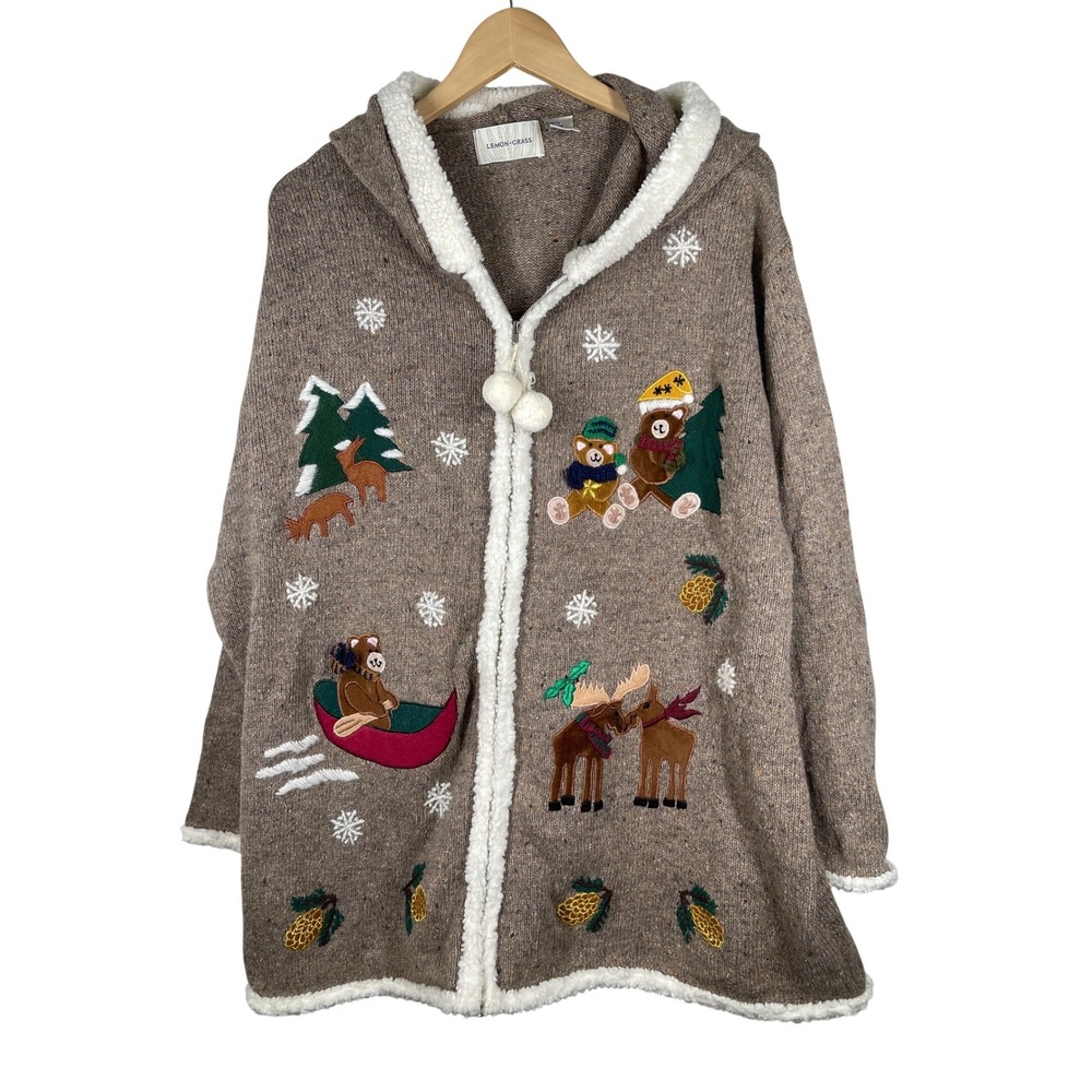 Lemon Grass Womens 3X Hooded Cardigan Sweater Winter Bear Moose Embroidery Brown